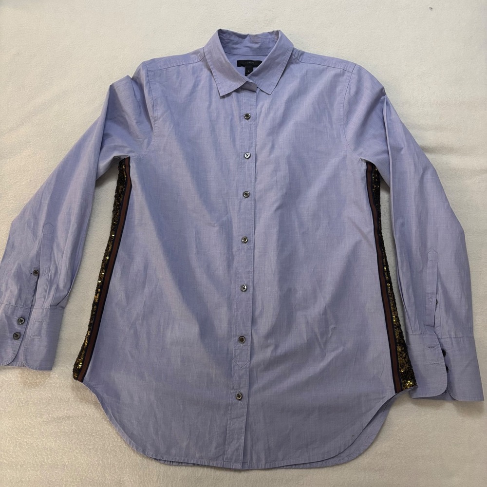 J.Crew Blue Cotton Sequin Side Stripe Button Down Shirt Womens 8 Long Sleeve